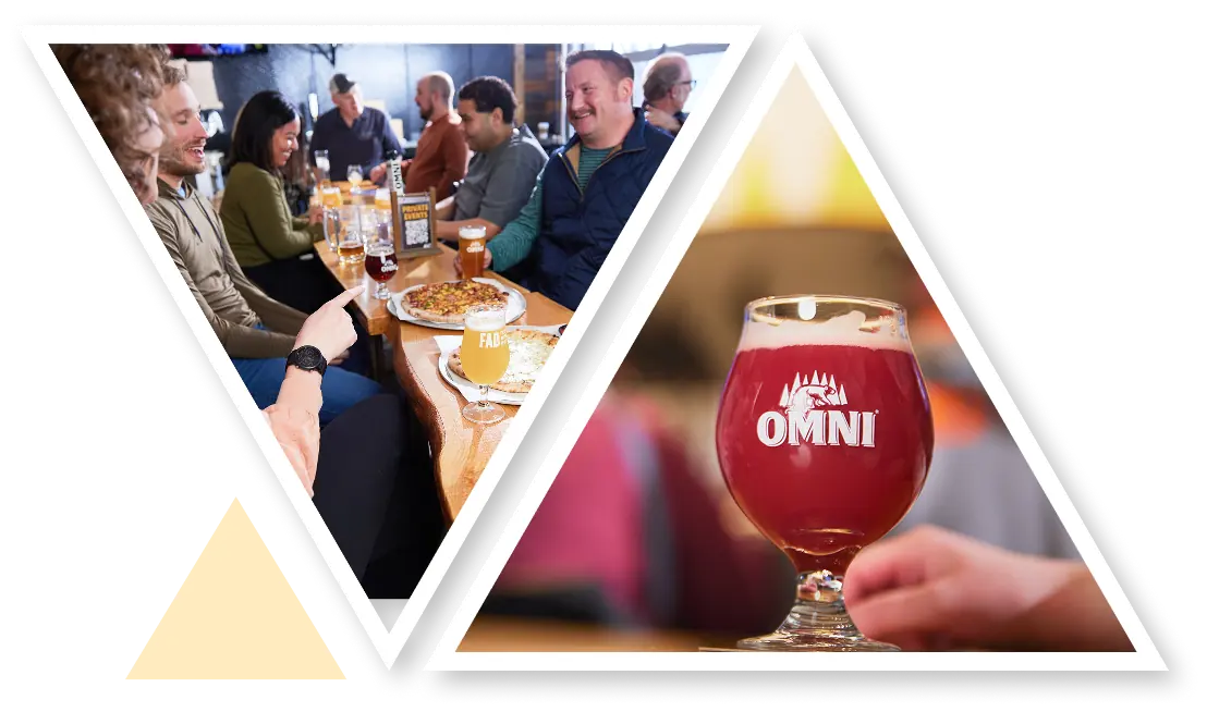 A group celebrating over pizza and beer at our Maple Grove taproom, and a tulip glass with our signature melt sour