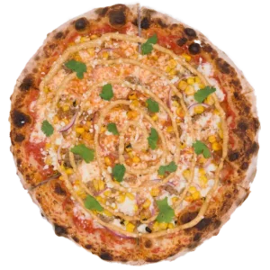 Elote pizza, viewed from above